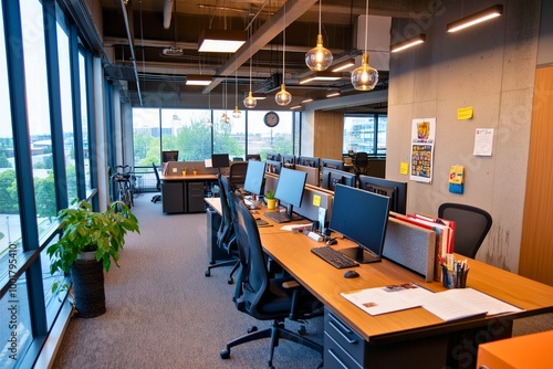 A contemporary office space featuring rows of desks, computers, ergonomic chairs, natural light, and decor for a productive work environment. Ideal for teamwork.