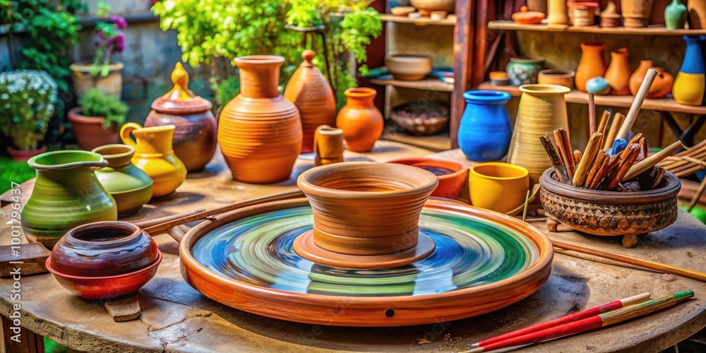 Elegant clay and pottery wheel with tools ready for crafting beautiful ceramic artworks and designs Elegant clay and pottery wheel with tools ready for crafting beautiful ceramic artworks and designs