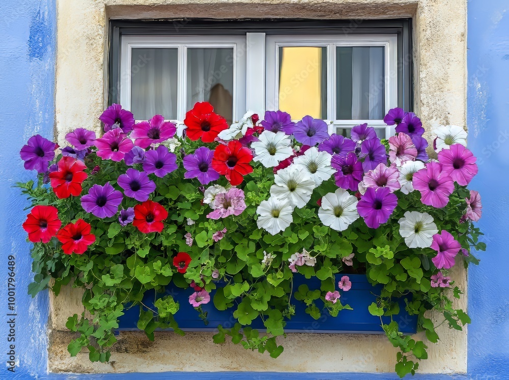 Naklejka premium Portugal, Costa Nova. Petunia flowers in a flower box on top of a striped beach house.