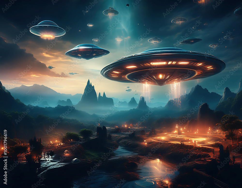 Obraz premium UFO flying over alien planet. Fantasy landscape. 3D rendering