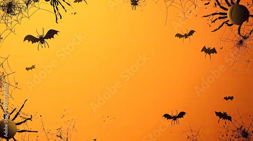Halloween banner with copy space - horizontal composition with spiders, bats and golden skeleton over orange background. with generative ai