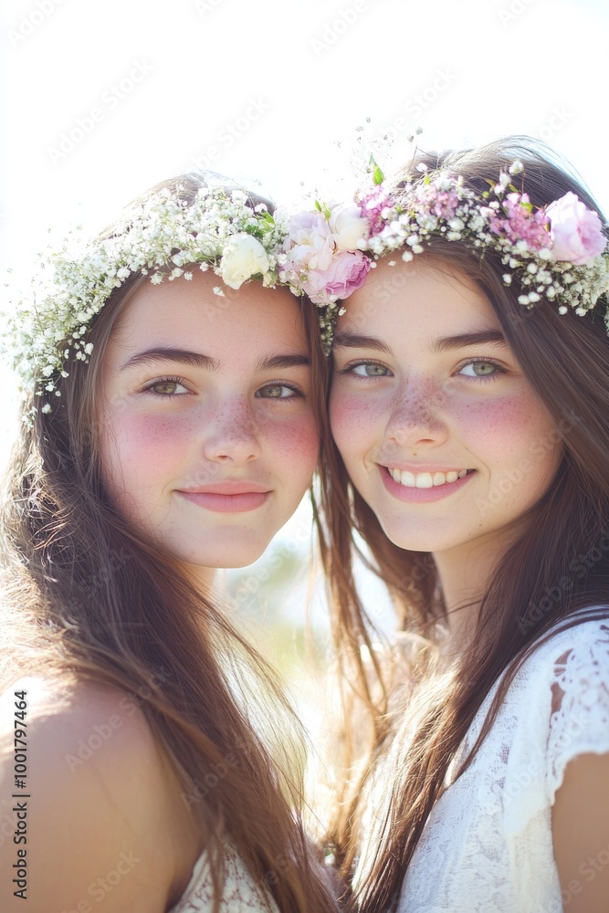 Obraz premium On a green field, two natural hippie girls wear flower crowns and sit with flowers in their hair.