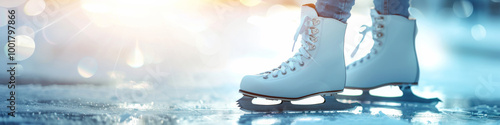 Female ice skater on frozen lake, winter sports banner, festive Christmas concept photo