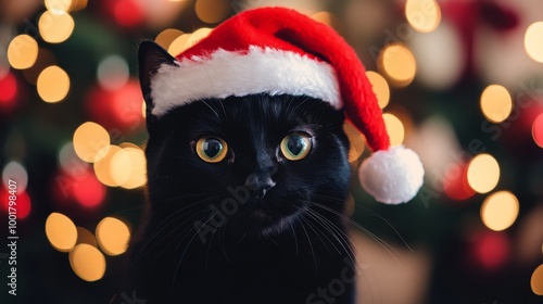 Black cat wearing Santa hat background. Cozy Christmas background