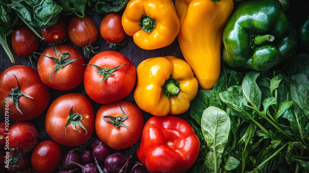 Assorted fresh vegetables including tomatoes and peppers Assorted fresh vegetables including tomatoes and peppers