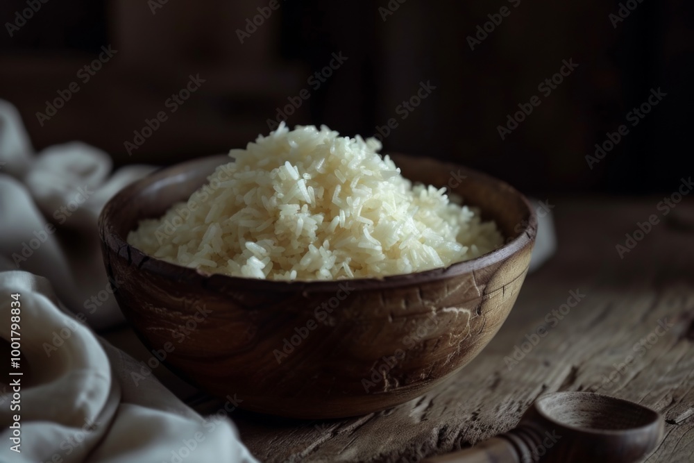 Perfectly Cooked White Rice in a Rustic Wooden Bowl Perfectly Cooked White Rice in a Rustic Wooden Bowl