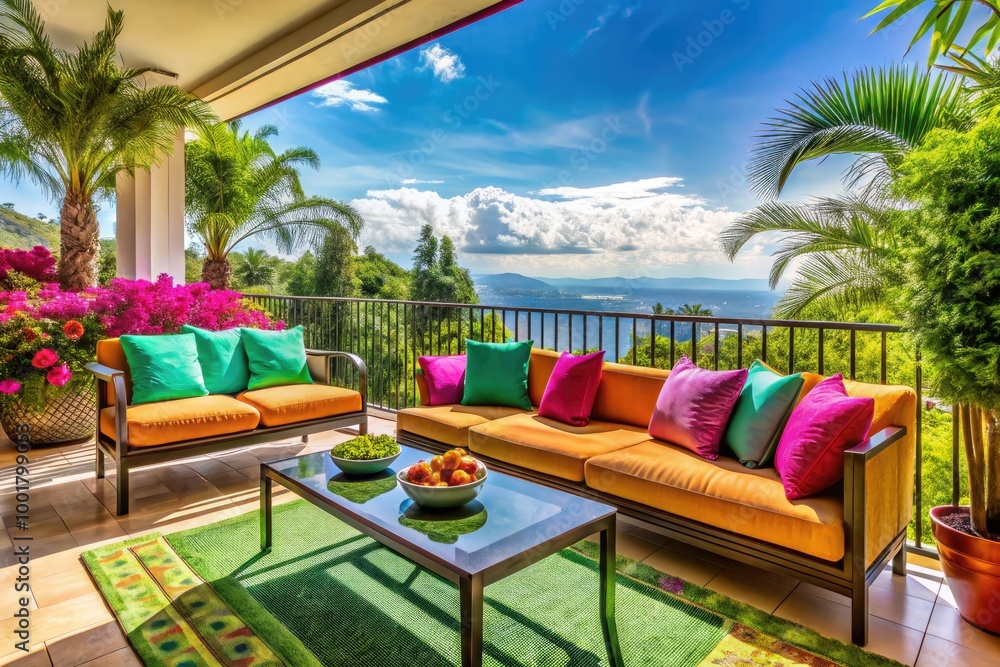 Fototapeta premium Elegant Luxury Balcony Overlooking Scenic Views with Stylish Furniture and Lush Greenery Surrounding It