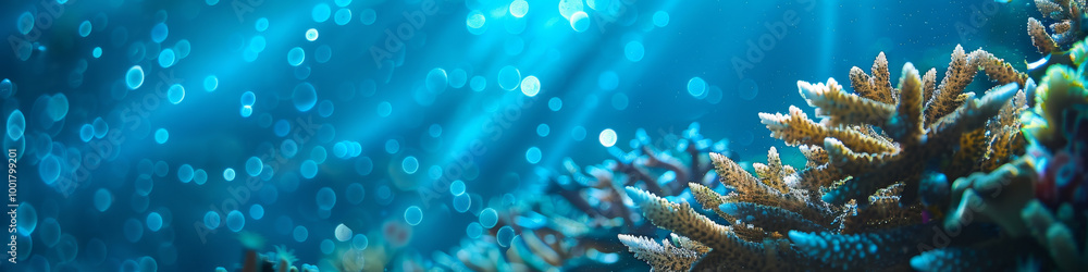 Underwater coral reef Banner warm tones with Sun filled Bokeh Beauty in nature, environmental protection copy space Underwater coral reef Banner warm tones with Sun filled Bokeh Beauty in nature, environmental protection copy space