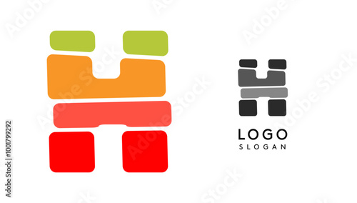 Bright colorful letter H, layers blocks like sandwich, stone balancing or rock stacking. Modern cartoon monogram for kid joyful book, blocky toys logo. Vector illustration