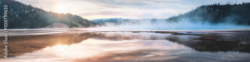 Great outdoors concept, morning, mist, rising over beautiful lake in the wilderness, Travel