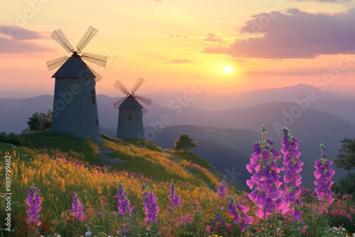 A windmill and spring flowers on Fourni island in Greece. photo