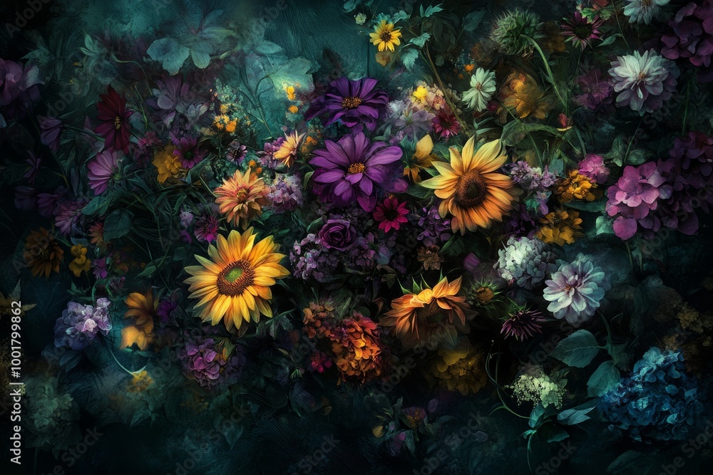 Naklejka premium Stock of colorful flowers in an oil-painted garden