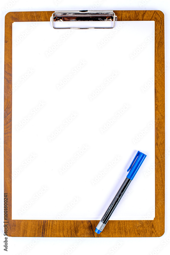 A clipboard with a blank sheet of paper and a pen on a white background. A clipboard with a blank sheet of paper and a pen on a white background.