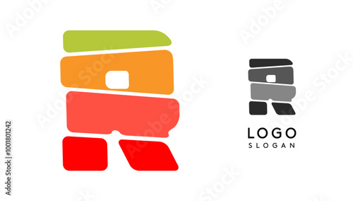 Bright colorful letter R, layers blocks like sandwich, stone balancing or rock stacking. Modern cartoon monogram for kid joyful book, blocky toys logo. Vector illustration