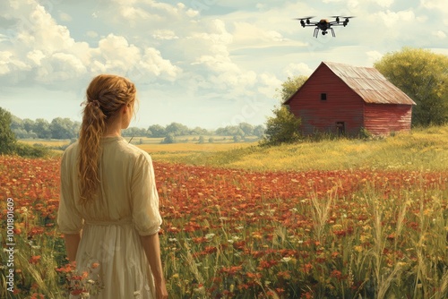 A woman in a white dress stands in a field of red flowers, looking up at a drone flying above a red barn in the distance.