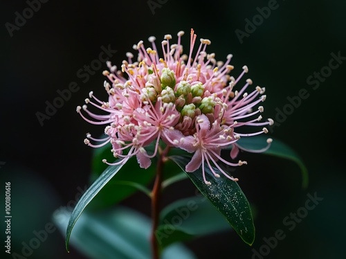 Against a dark background, pale pink flowers of Grevillea sericea can be seen photo