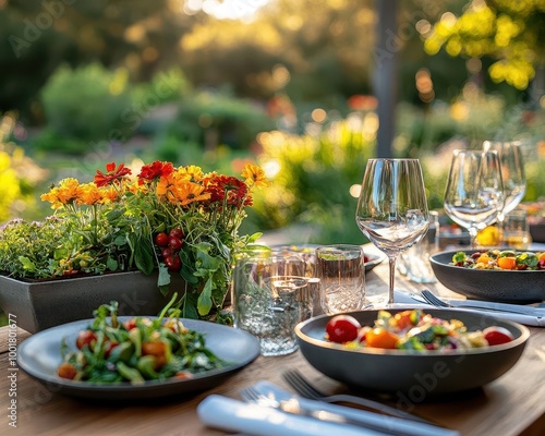 A farm-to-table dining scene with vibrant, fresh produce and artisanal dishes served in a chic outdoor garden restaurant Nature Soft Glow Photography