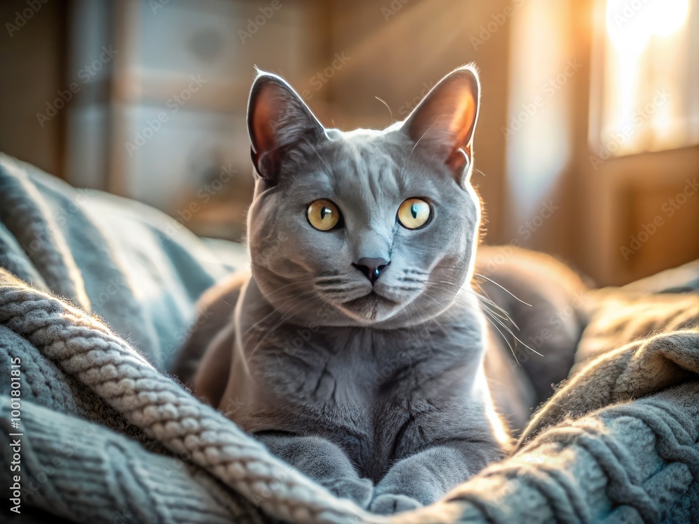 Elegant White Russian Blue Cat Relaxing on a Cozy Blanket with Soft Lighting and Gentle Shadows Elegant White Russian Blue Cat Relaxing on a Cozy Blanket with Soft Lighting and Gentle Shadows