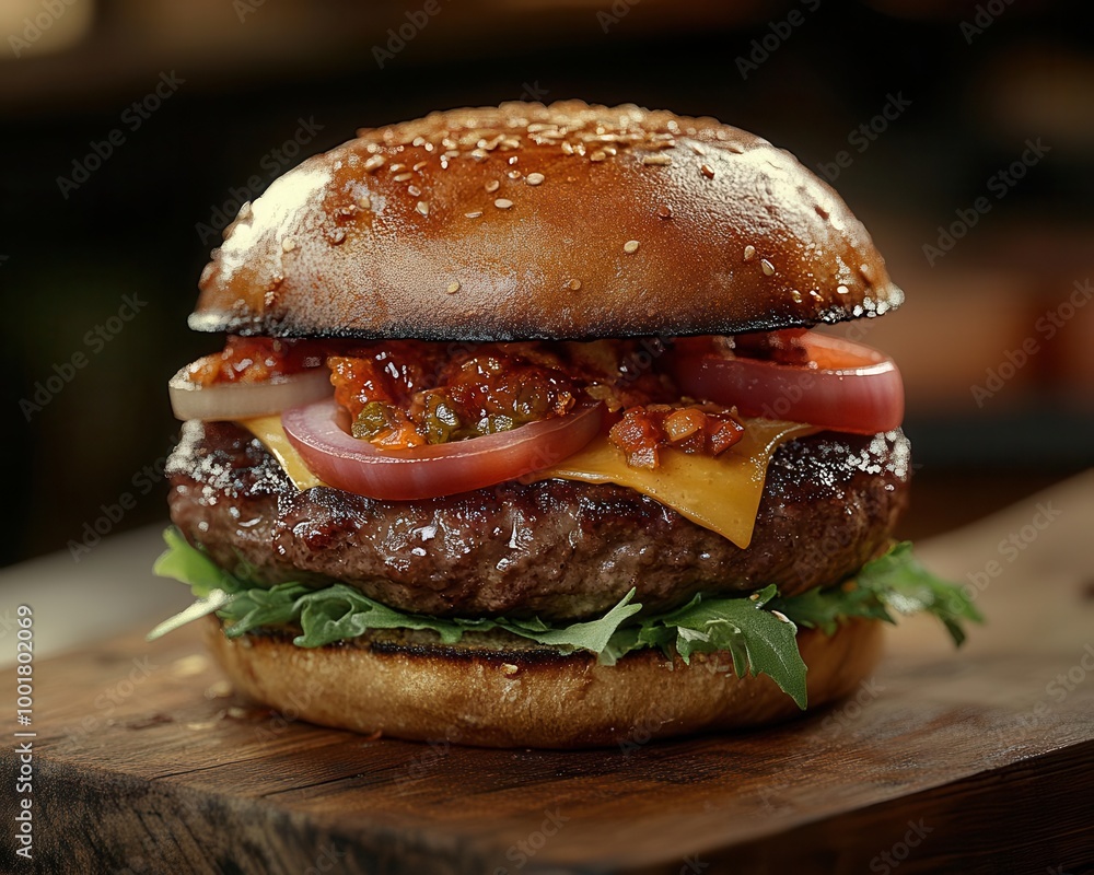 A gourmet burger, its layers of ingredients arranged meticulously, served on a handcrafted wooden board with a modern, sleek aesthetic Realism High Detail Warm Lighting A gourmet burger, its layers of ingredients arranged meticulously, served on a handcrafted wooden board with a modern, sleek aesthetic Realism High Detail Warm Lighting