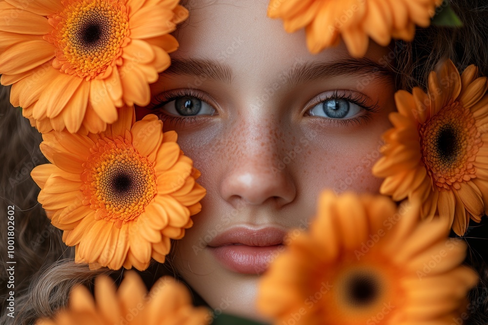 Portrait of a woman holding orange flowers in a studio Portrait of a woman holding orange flowers in a studio