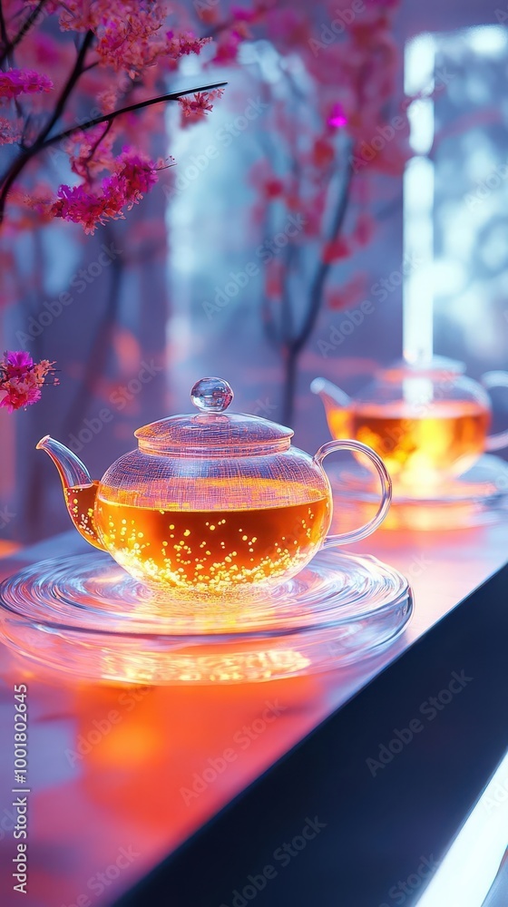 A high-tech tea ceremony, where futuristic teapots pour tea with a holographic glow, served in a modern, minimalist setting Futuristic Hologram High Contrast A high-tech tea ceremony, where futuristic teapots pour tea with a holographic glow, served in a modern, minimalist setting Futuristic Hologram High Contrast