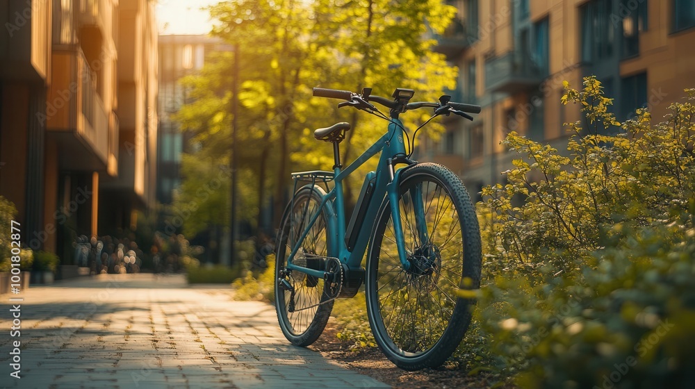 A modern, eco-friendly urban street photography scene with a focus on electric bikes, green spaces, and sustainable architecture Futuristic Realism Bright Colors A modern, eco-friendly urban street photography scene with a focus on electric bikes, green spaces, and sustainable architecture Futuristic Realism Bright Colors