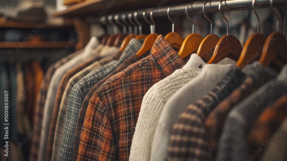 Obraz premium An aesthetic photo of on hangers in the closet, a brown and rust plaid shirt with a white sweater, a dark academia aesthetic, a cottagecore aesthetic