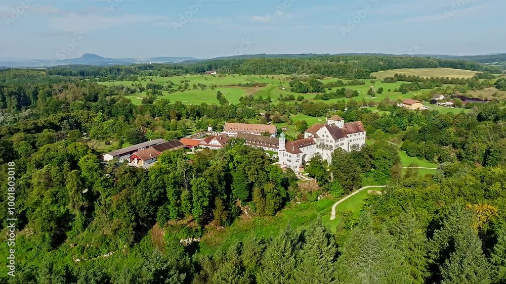 Aerial view of Langenstein Castle near Eigeltingen with surrounding golf course, Hegau, Constance district, Baden-Württemberg, Germany, Europe Aerial view of Langenstein Castle near Eigeltingen with surrounding golf course, Hegau, Constance district, Baden-Württemberg, Germany, Europe