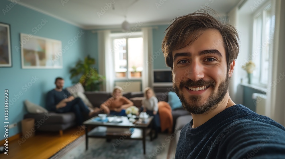 A unpolished causual photo portrait taken as a selfie. A young father with dark hair and beard stands in front of his family who sits on sofas around him smiling at camera A unpolished causual photo portrait taken as a selfie. A young father with dark hair and beard stands in front of his family who sits on sofas around him smiling at camera