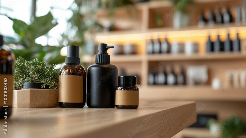 Modern apothecary bottles on wooden counter Modern apothecary bottles on wooden counter