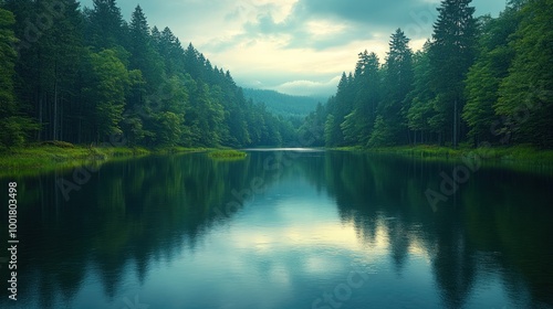 A tranquil forest lake with calm water reflecting the cloudy sky and surrounding trees.