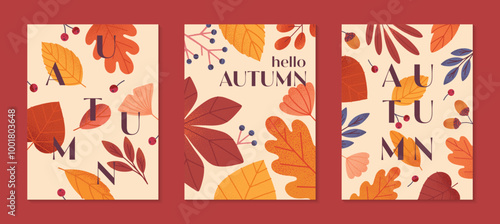 Autumn seasonal posters with leaves,ginkgo,berries,acorns and plants in fall colors.Vector modern illustrations.Trendy autumn templates for prints,ad,social media marketing,branding,packaging,covers.
