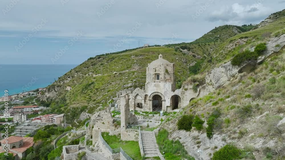 Ruins of the Church of Saint Francis of Assisi and Amantea Castle from a drone, Amantea, Tyrrhenian Sea, Calabria, Italy Ruins of the Church of Saint Francis of Assisi and Amantea Castle from a drone, Amantea, Tyrrhenian Sea, Calabria, Italy