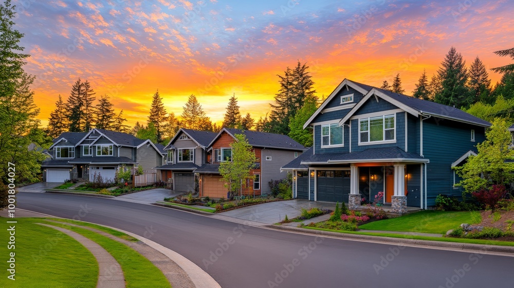 Stunning Sunset over a Suburban Neighborhood: A Picturesque Landscape at Dusk Stunning Sunset over a Suburban Neighborhood: A Picturesque Landscape at Dusk