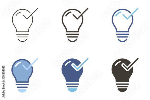 Vector light bulb icon with checkmark. Innovation, ideas, successful solutions. Creativity, problem solving, inspiration graphic element