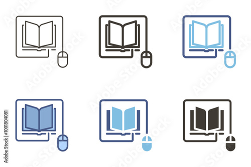 Computer mouse connected to book. Online learning vector icon. E-learning, education, digital knowledge, online reading. Academic, articles and news websites graphic element.
