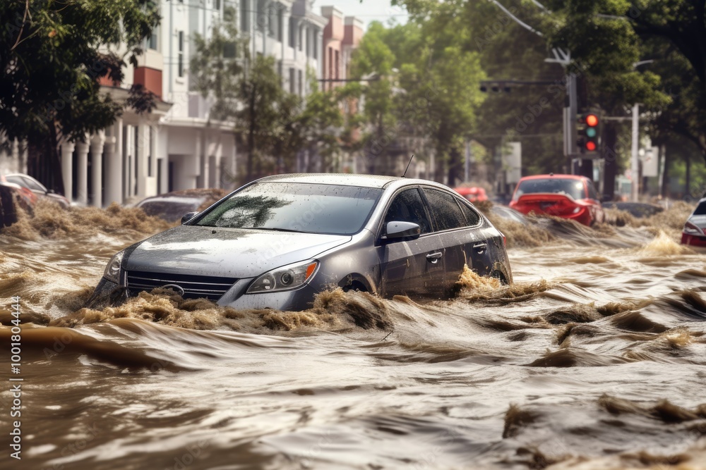 Cat in flood water in debris. Natural disaster and damage concept. Extreme weather impact. Climate change. City destroyed by flooding Cat in flood water in debris. Natural disaster and damage concept. Extreme weather impact. Climate change. City destroyed by flooding