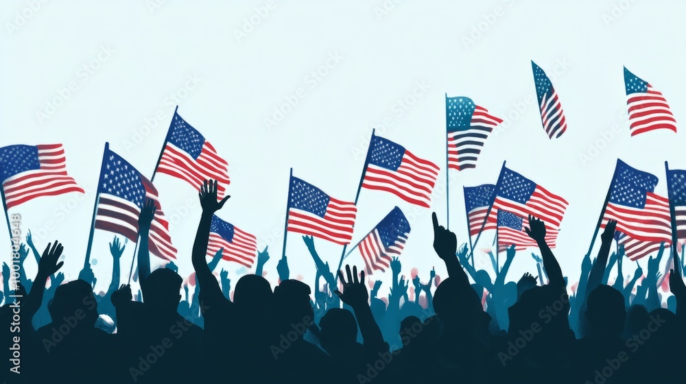 Obraz premium A large crowd waving American flags at a presidential campaign rally. 