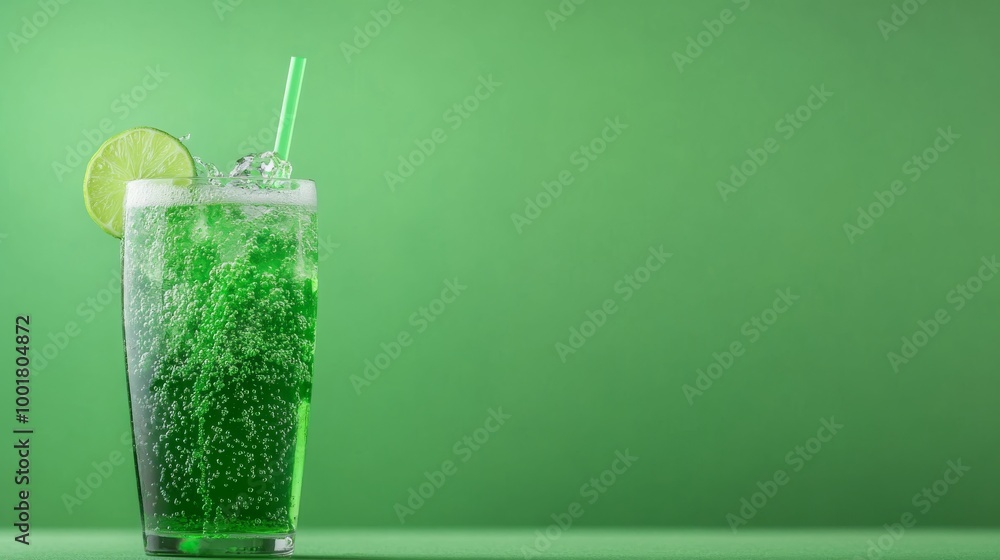 A tall glass of sparkling lemon-lime soda is filled with effervescent bubbles and garnished with a twist of lime and a straw, all set against a soft pastel green background A tall glass of sparkling lemon-lime soda is filled with effervescent bubbles and garnished with a twist of lime and a straw, all set against a soft pastel green background