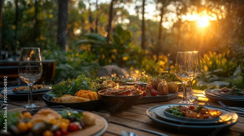 An outdoor dining scene set in a lush forest, with gourmet dishes served on a wooden table, surrounded by warm, soft evening lighting Nature Soft Glow Photography An outdoor dining scene set in a lush forest, with gourmet dishes served on a wooden table, surrounded by warm, soft evening lighting Nature Soft Glow Photography