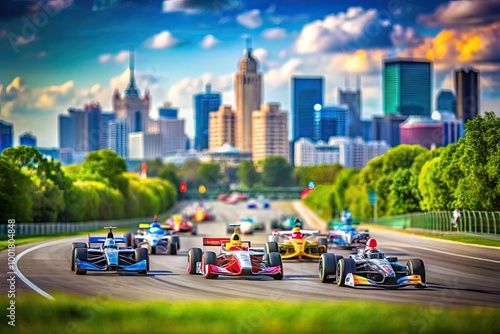 Exciting View of Racing Action at Detroit Belle Isle Grand Prix with Vibrant Cityscape Background