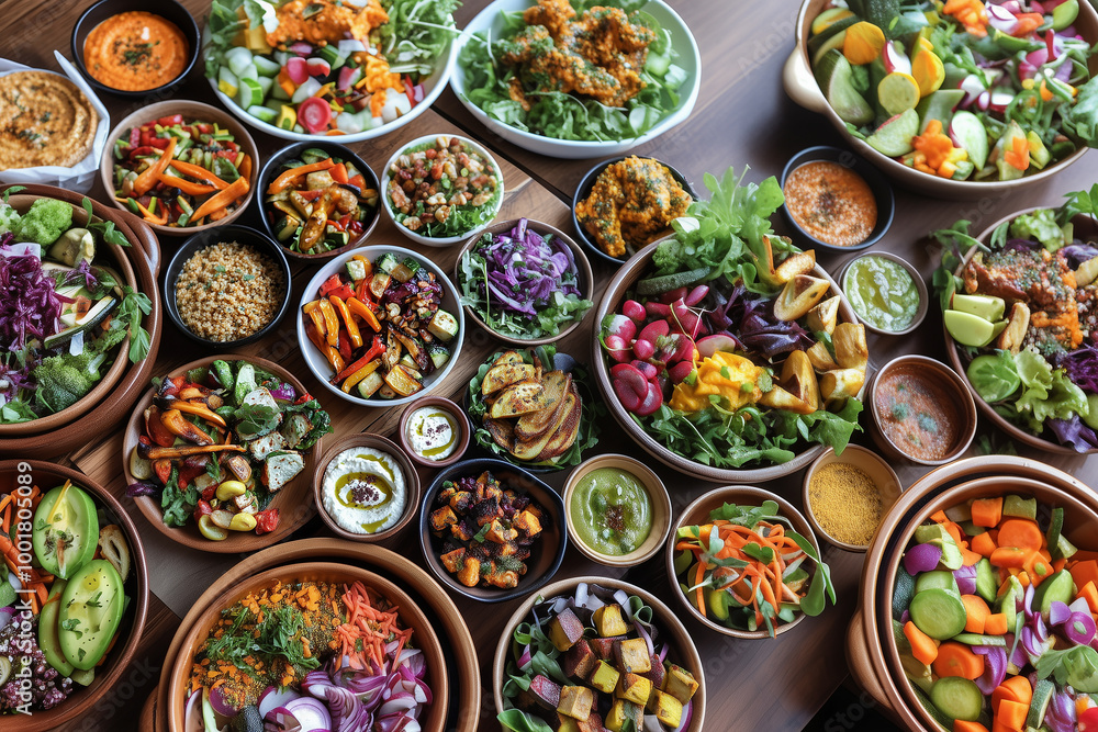 Top View of Colorful Vegetarian Dishes on a Table with Salads, Roasted Vegetables, and Dips, generative ai Top View of Colorful Vegetarian Dishes on a Table with Salads, Roasted Vegetables, and Dips, generative ai