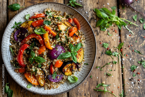 Beautifully Plated Vegetarian Dish with Roasted Vegetables, Grains, and Fresh Herbs on Rustic Table, generative ai