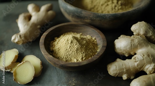 Fresh ginger root and ground ginger powder in wooden bowl. 