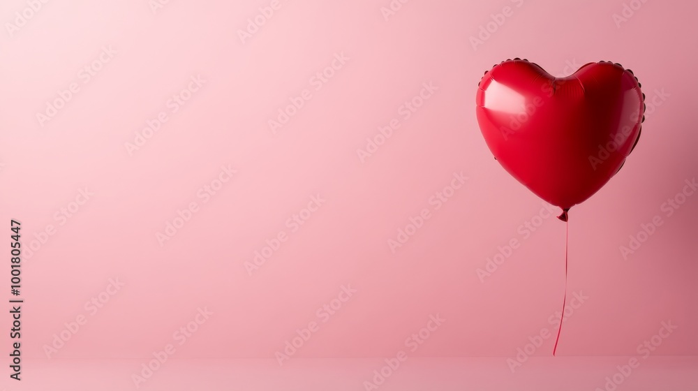 A single glossy red heart-shaped balloon hovers against a solid pastel pink backdrop, showcasing soft reflections and ample copy space for romantic designs or messages A single glossy red heart-shaped balloon hovers against a solid pastel pink backdrop, showcasing soft reflections and ample copy space for romantic designs or messages