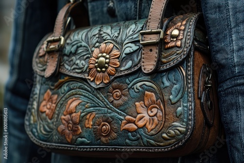 Close-up of a brown leather purse with intricate floral designs.