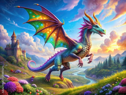 Fantasy Cartoon Dragon with Colorful Scales Flying Over a Magical Landscape in a Whimsical Style