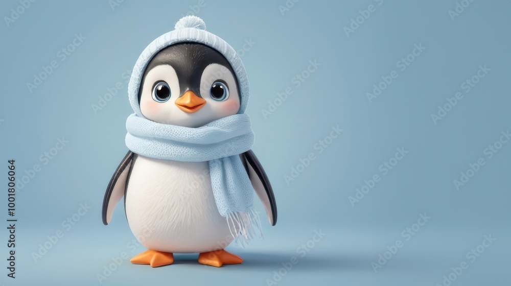 Fototapeta premium A cartoon penguin wearing a blue scarf and hat