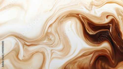 Swirling coffee blends seamlessly with milk creating an elegant abstract pattern in a warm, inviting atmosphere. Generative AI