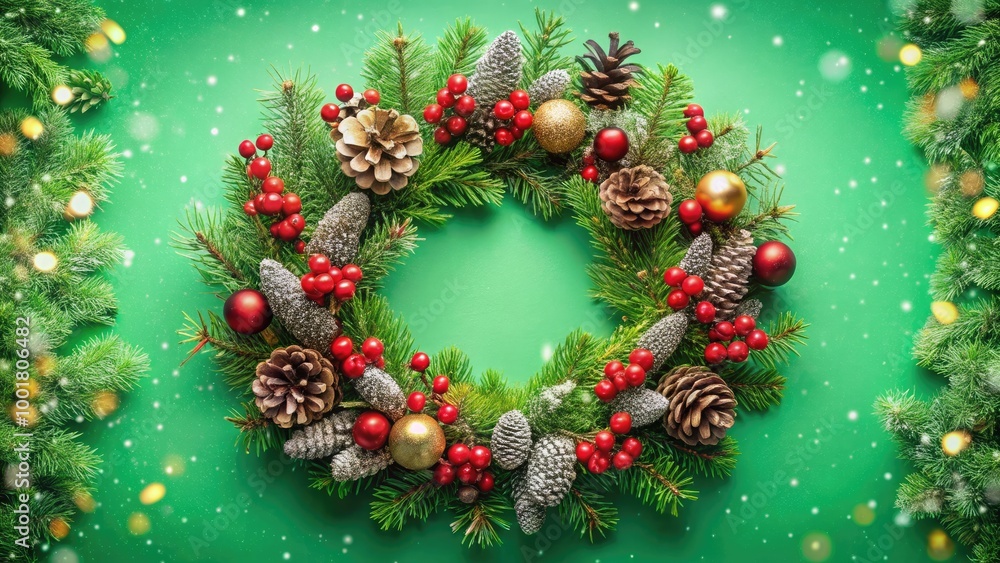 Festive Christmas Wreath with Pine Cones and Snowflakes on Vibrant Green Background from Above Festive Christmas Wreath with Pine Cones and Snowflakes on Vibrant Green Background from Above
